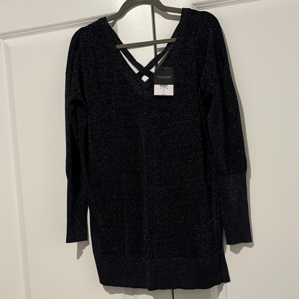 Topshop Black Sparkle Long Sleeve V-Neck Dress with Crisscross Back